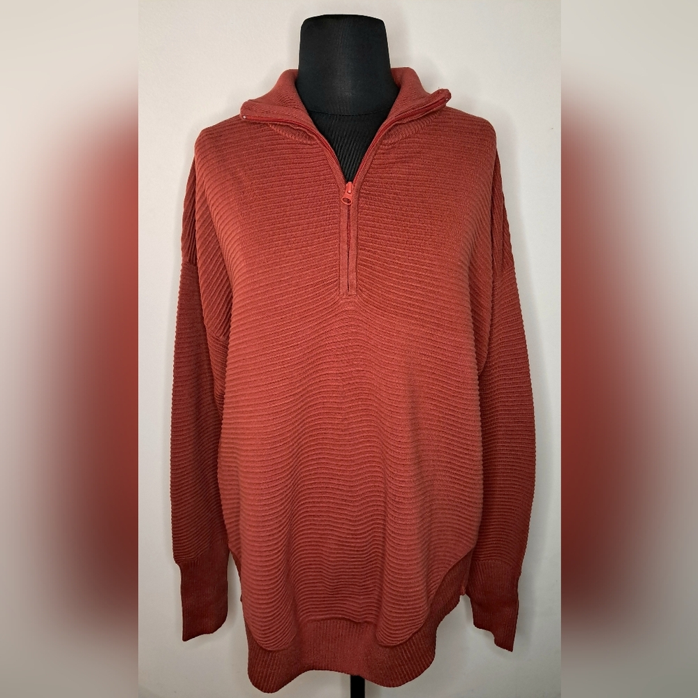 Deep Self Women's Oversized Coral Quarter Zip Ribbed Pullover Sweater